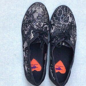 Rocket Dog Black Lace Laced Loafer Shoes size 7.5 top Stitching Fabric Sequin